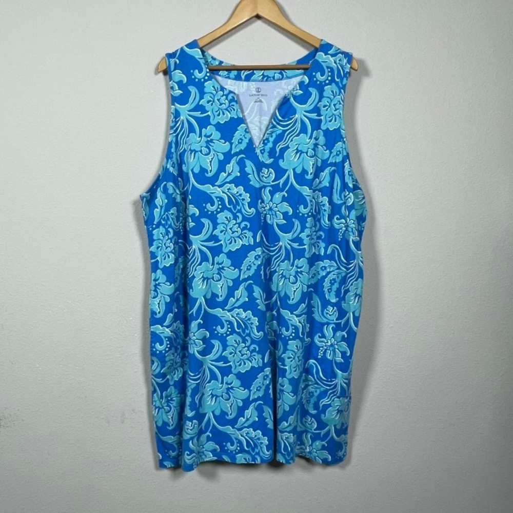 Lands' End Floral Dress Women 3X Blue Cotton Sleeveless Split Neck Pocket Mini